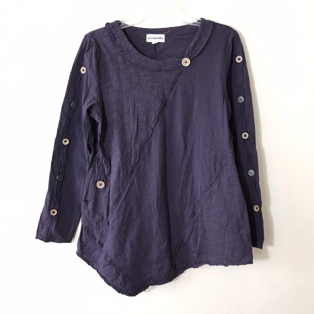 EUC Neon Buddha Asymmetrical Button Accent Purple Cotton Long Sleeve Small